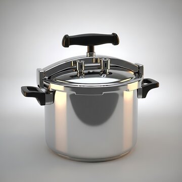 Shiny stainless steel pressure cooker on a light gray background