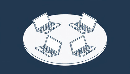 Abstract illustration of four laptops connected in a circular arrangement on a central platform, depicting a network, data sharing, or collaborative work environment