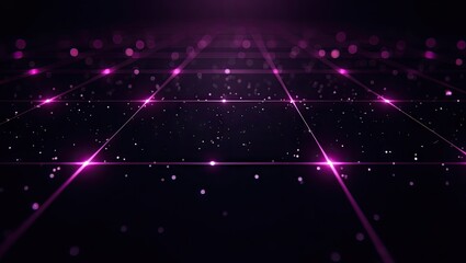 Dynamic abstract image, illuminated grid of pink light, sparkles, dark background, perspective.