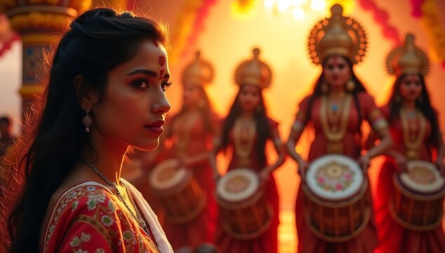 Woman in white-red saree applying sindoor, traditional dhak drummers in silhouette, Durga mandap decorated.