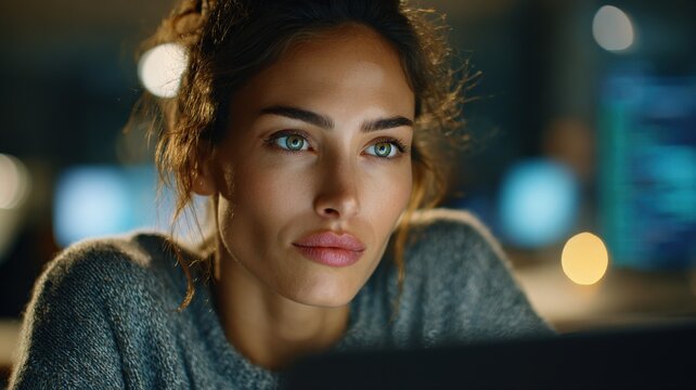 close-up, ultra-realistic portrait of a focused young woman coding on a laptop in a stylish tech office, soft screen glow on face, blurred background of a dynamic workspace, thoughtful expression