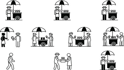 Ice cream vendor with cart and umbrella serving customers and walking vector 1