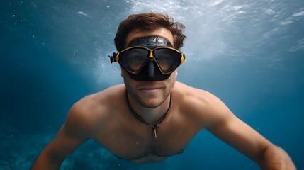 A man wearing a snorkel mask swims underwater in clear blue ocean water with light rays filtering from above