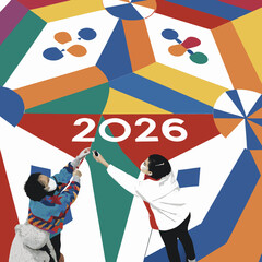 Two people wearing masks interact with a vibrant geometric design featuring the year 2026 and abstract symbols
