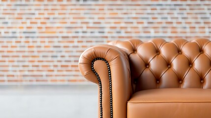 Elegant brown leather Chesterfield sofa with classic tufting and stud details against a warm brick