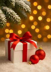 Christmas lighting background with snow pine tree balls gift box images.
