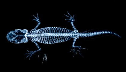 A detailed X-ray of a gecko skeleton, providing a unique insight into the anatomy of this reptile. Revealing the intricate skeletal structure in striking detail.
