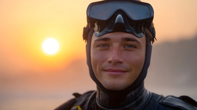 A smiling diver in a wetsuit and mask poses against a warm sunset over the ocean