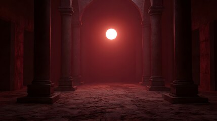 Fototapeta premium An ancient hall with stone columns illuminated by a mysterious distant red glowing orb