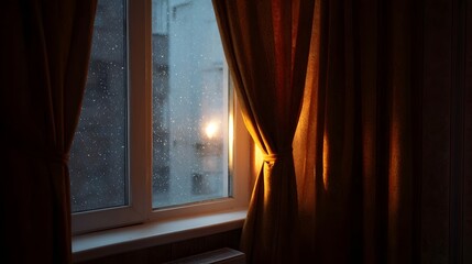 Warm light streams through a rain streaked window illuminating amber curtains in a cozy room