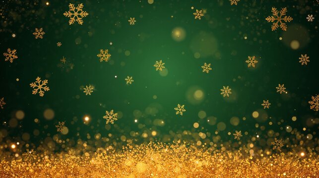 Golden snowflake artwork shining over vibrant green background enriched with shimmering glitter accents christmas backdrop template background wallpaper card design