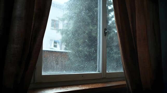 View through a window covered in raindrops looking out at a building and trees on an overcast day framed by brown curtains