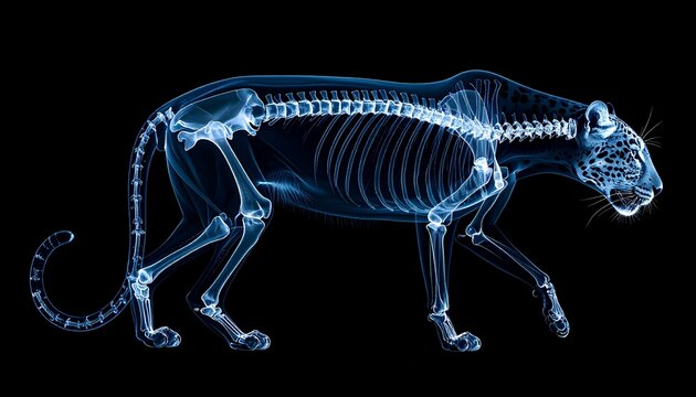 An X-ray view of a majestic leopard, showcasing its internal skeletal structure with exquisite detail against a dark background, revealing the intricate biology.