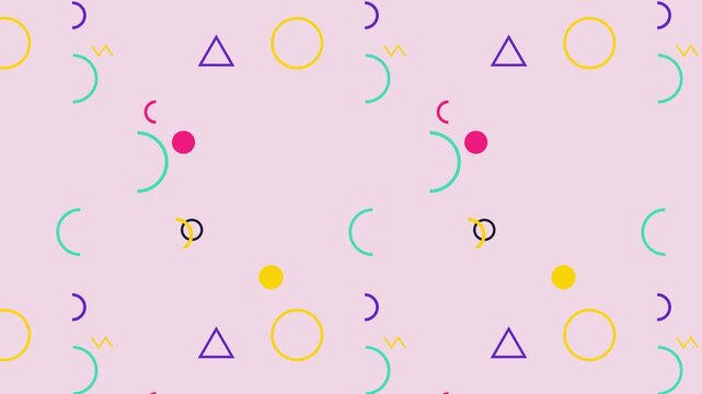 Trendy memphis pattern motion graphic animation with colorful geometric shapes moving and looping seamlessly