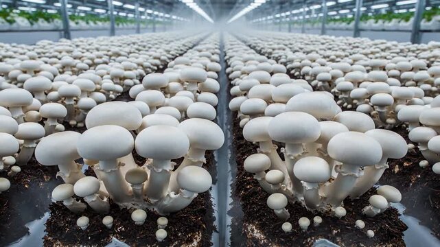 Mushroom Cultivation in Greenhouse Setting for Organic Farming Blogs, Agribusiness Websites, Sustainable Agriculture Cards, Fresh Food Education, and Nutritional Awareness