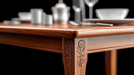 Elegant dining setup with a wooden table featuring intricate carvings and tableware arrangement
