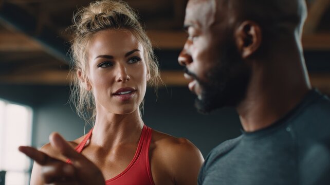dynamic low-angle shot of a personal trainer guiding a client through an exercise, professional interaction, clean modern gym interior, sharp focus, cinematic