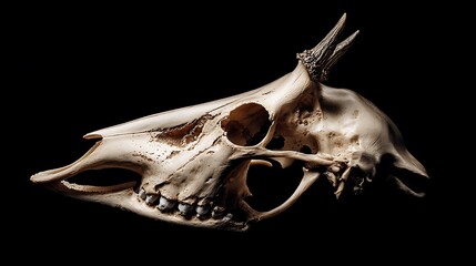 Fototapeta premium Close up side view of a deer skull with small antlers against a black background bison skull
