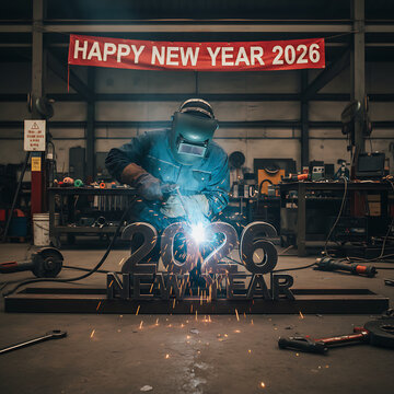 Industrial Future / New Year Celebration, Welder in helmet and gloves sparks metalwork while cutting and assembling large 2026 numbers in a busy fabrication workshop, celebrating the new year with ind
