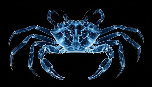 An X-ray of the crab provides a detailed view of its intricate skeletal structure, revealing the inner workings of this fascinating marine creature.