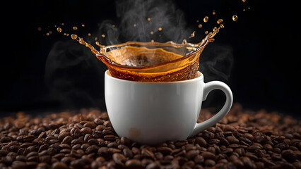 a dramatic splash of steaming coffee into a white ceramic cup