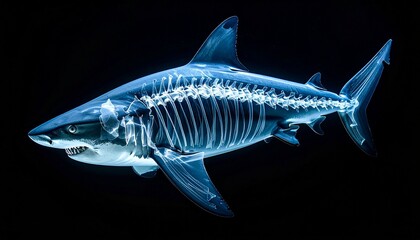An x-ray perspective of a shark revealing its skeletal structure, offering a unique glimpse into the creature's anatomy.