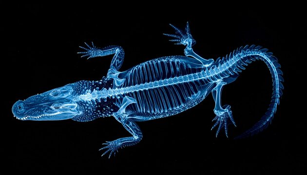 An xray of an alligator showcases its internal structure, highlighting its skeletal framework against a dark backdrop.