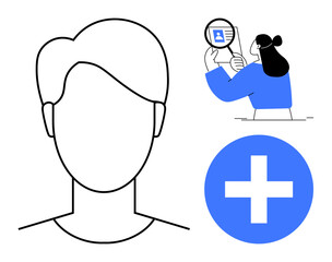 Identity verification concept. Identity symbols with a profile avatar, magnifying glass, and cross icon. Identity for digital security, healthcare, authentication, user applications, and access