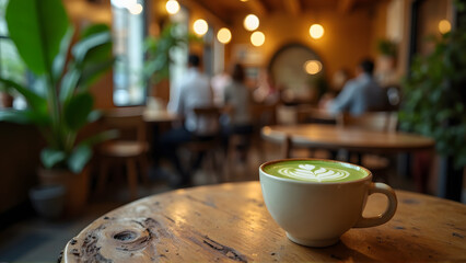 A rustic wooden table holds a small, beige ceramic cup brimming with a vibrant green latte art.