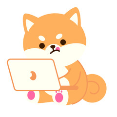 cute orange cartoon dog using a laptop, ideal for tech themes, remote work concepts, productivity visuals, digital learning, online communication, branding, and creative content