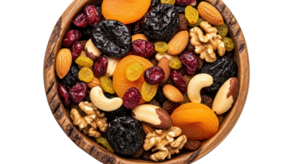 Dried fruit and nuts mix in a wooden bowl isolated PNG with Transparent Background