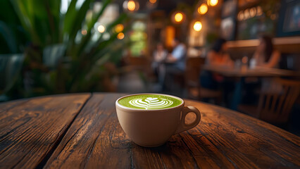 A rustic wooden table holds a small, beige ceramic cup brimming with a vibrant green latte art.
