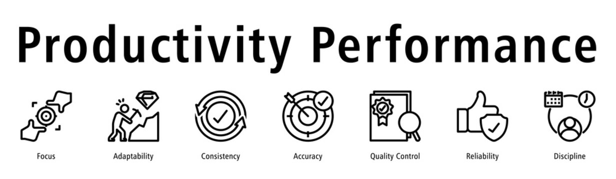 Productivity performance icon vector symbol representing focus, hard work, consistency, quality control, reliability, and discipline.