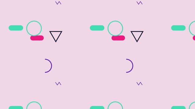 Dynamic abstract geometric shapes creating a modern memphis style pattern with vibrant animated movement