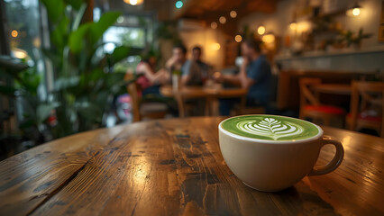 A rustic wooden table holds a small, beige ceramic cup brimming with a vibrant green latte art.