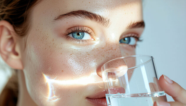 Woman drinking water from a glass with sunlight reflecting on her face and blue eyes