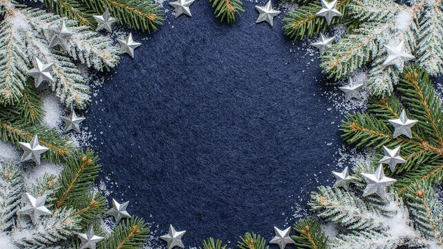Christmas pine fir branch wreath border decorated snow frosty texture stars seasonal copy space background template