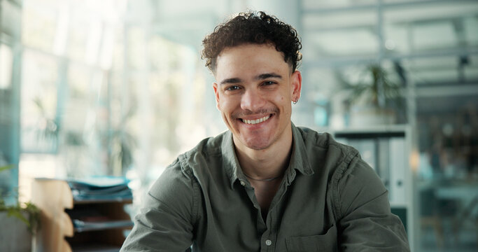Business, portrait and smile of designer man in office for about us, development or job satisfaction. Design, creative and startup with happy employee in workplace agency for artistic career