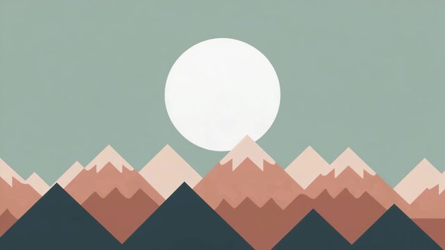Minimalist Mountainscape: White Sun Ascends Over Soft-Toned Geometric Peaks in Serene Setting