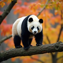 Giant panda standing on a tree branch in autumn foliage