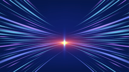 Abstract Technology Background with High Speed Blue and Purple Data Light Trails Converging to a Bright Futuristic Center Point © phochi