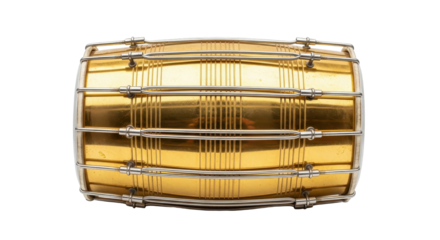 Golden Dholak, a folk percussion instrument from India isolated PNG with Transparent Background