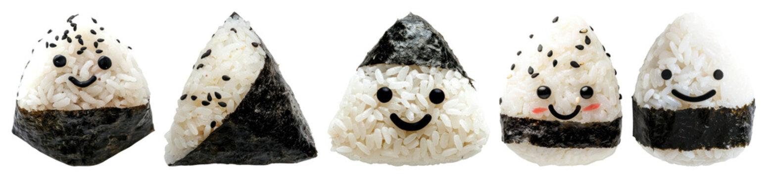 PNG Cute onigiri with smiling faces, element set on transparent background