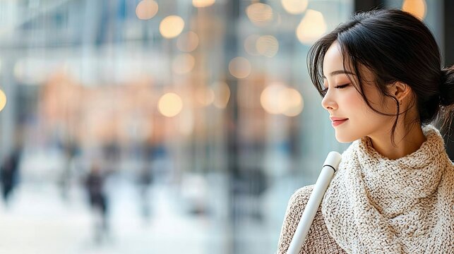 A young Asian woman with dark hair and a scarf looks out a window with her eyes closed, indoors, with soft lighting and a blurred background.