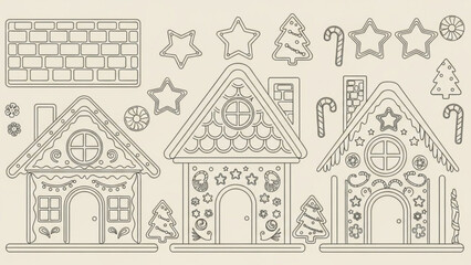 A collection of outline drawings of gingerbread houses christmas trees candy canes stars and other festive elements on a neutral background for holiday crafting and design