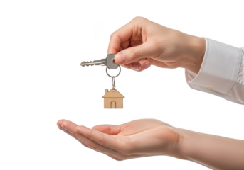 Hand passing a house key to another hand isolated on transparent background