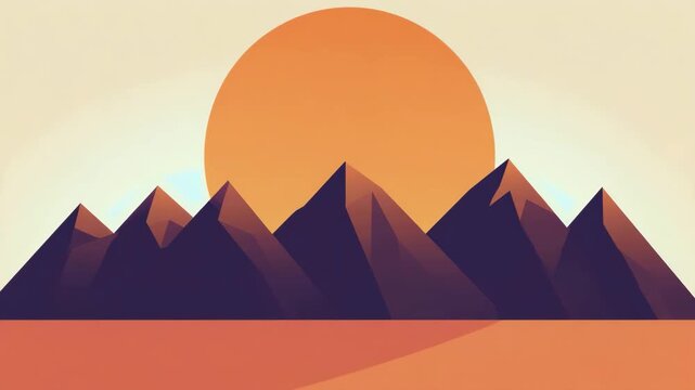 Sunset Peaks: Striking Orange Sun Dips Behind Bold, Purple, Low-Poly Geometric Mountains