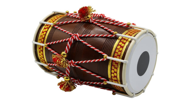 Indian dholak folk drum for musical performance isolated PNG with Transparent Background