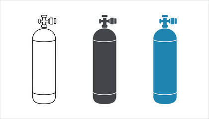 Three gas cylinders in outline dark gray and blue colors on white background oxygen tank scuba tank