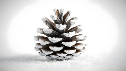 A single pinecone covered in white frost or snow, standing on a white snowy surface with a minimalist winter background.